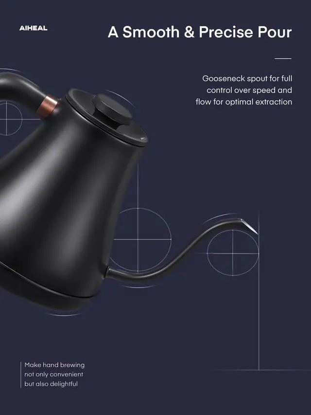 Alt view image 3 of 7 - Electric Gooseneck Kettle Temperature Control, Pour Over Electric Kettle for Coffee and Tea, 100% Stainless Steel Inner, 1200W Rapid Heating, 0.8L, Built-in Stopwatch, Matte Black