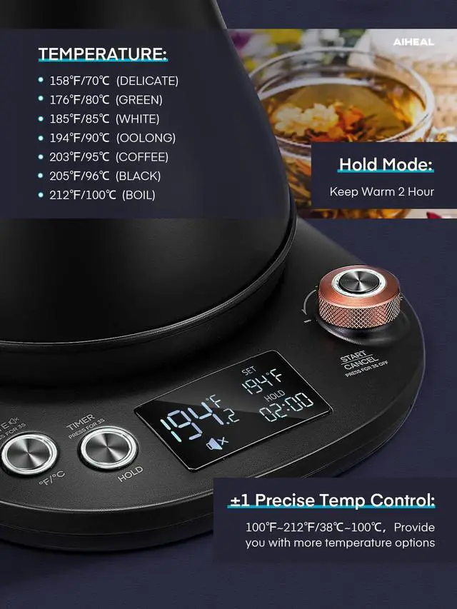 Alt view image 4 of 7 - Electric Gooseneck Kettle Temperature Control, Pour Over Electric Kettle for Coffee and Tea, 100% Stainless Steel Inner, 1200W Rapid Heating, 0.8L, Built-in Stopwatch, Matte Black