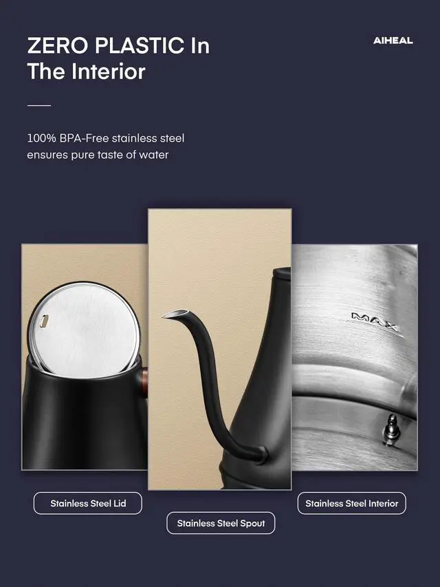 Alt view image 5 of 7 - Electric Gooseneck Kettle Temperature Control, Pour Over Electric Kettle for Coffee and Tea, 100% Stainless Steel Inner, 1200W Rapid Heating, 0.8L, Built-in Stopwatch, Matte Black