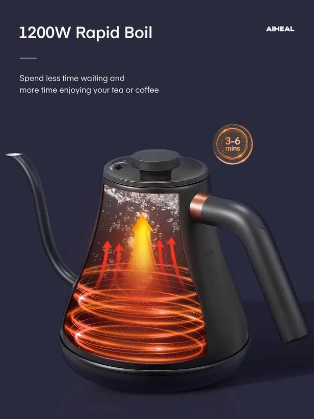 Alt view image 6 of 7 - Electric Gooseneck Kettle Temperature Control, Pour Over Electric Kettle for Coffee and Tea, 100% Stainless Steel Inner, 1200W Rapid Heating, 0.8L, Built-in Stopwatch, Matte Black