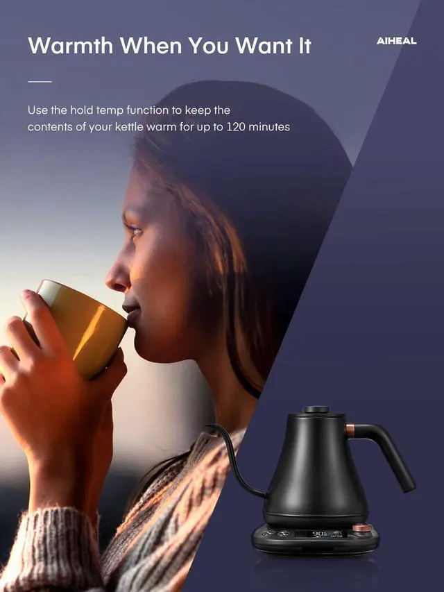Alt view image 7 of 7 - Electric Gooseneck Kettle Temperature Control, Pour Over Electric Kettle for Coffee and Tea, 100% Stainless Steel Inner, 1200W Rapid Heating, 0.8L, Built-in Stopwatch, Matte Black