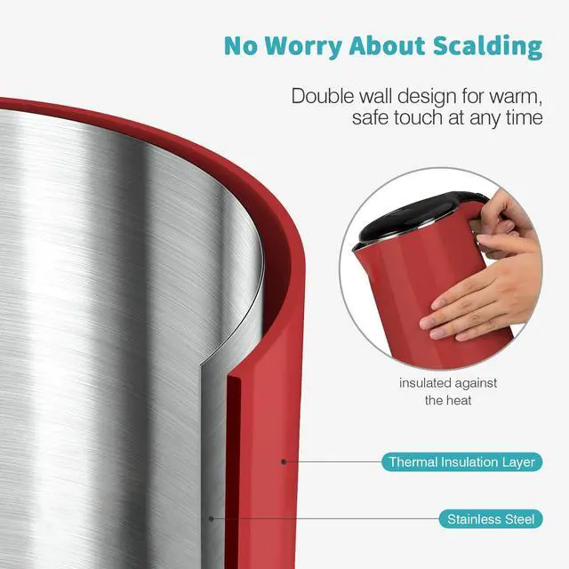 Alt view image 4 of 6 - Original Stainless Steel Double Wall Electric Water Kettle 1.8 Quart with Auto Shut-Off & Boil-Dry Protection, Red SWK-1701DR/HB-3227B