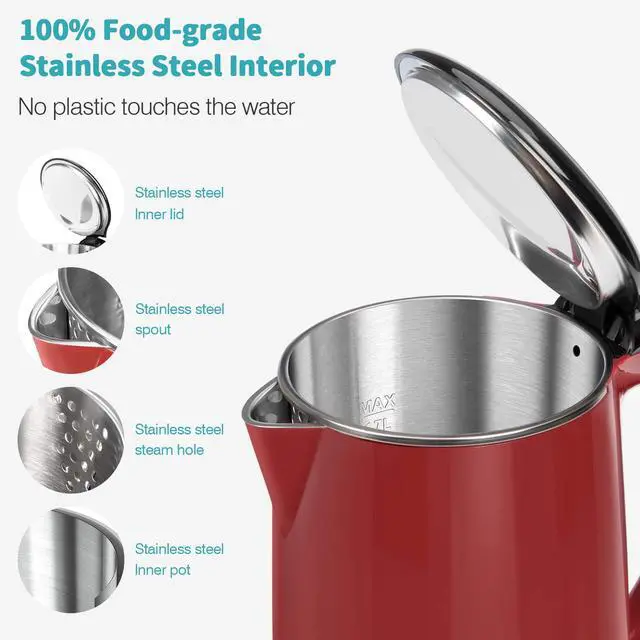 Alt view image 2 of 6 - Original Stainless Steel Double Wall Electric Water Kettle 1.8 Quart with Auto Shut-Off & Boil-Dry Protection, Red SWK-1701DR/HB-3227B
