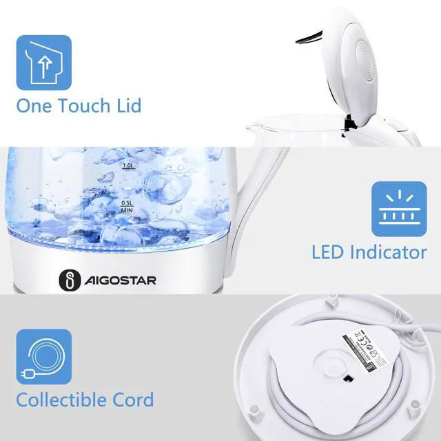 Alt view image 3 of 7 - Electric Kettle, 1500W Glass Electric Tea Kettle Rapid Heating, Borosilicate Glass, Auto Shutoff and Boil-Dry Protection, Hot Water Boiler BPA Free and Cordless with LED Indicator, 1.7 Liter