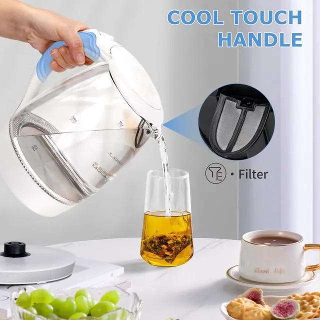 Alt view image 6 of 7 - Electric Kettle, 1500W Glass Electric Tea Kettle Rapid Heating, Borosilicate Glass, Auto Shutoff and Boil-Dry Protection, Hot Water Boiler BPA Free and Cordless with LED Indicator, 1.7 Liter