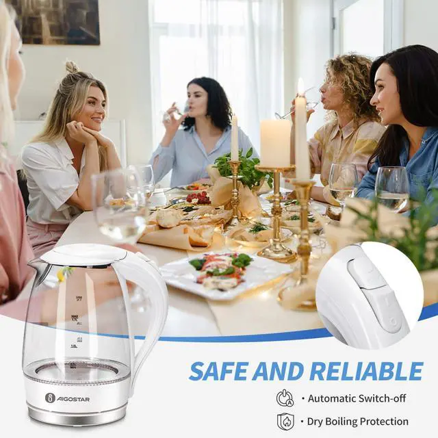Alt view image 7 of 7 - Electric Kettle, 1500W Glass Electric Tea Kettle Rapid Heating, Borosilicate Glass, Auto Shutoff and Boil-Dry Protection, Hot Water Boiler BPA Free and Cordless with LED Indicator, 1.7 Liter