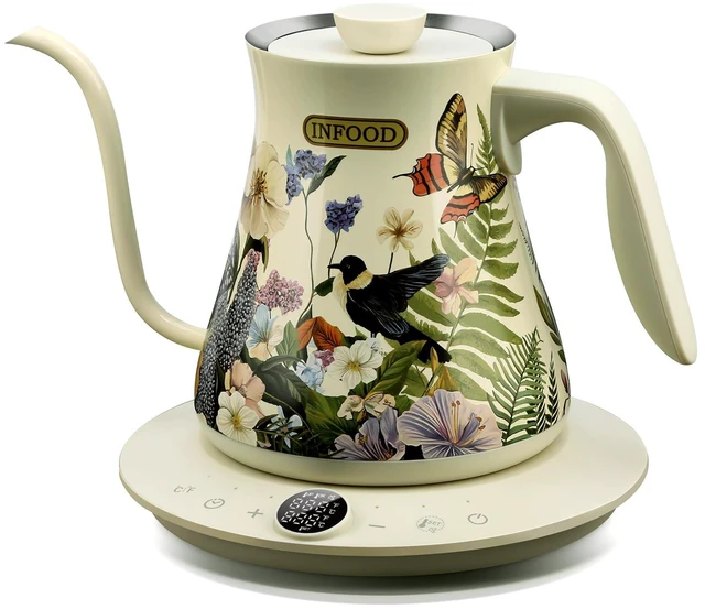 Main image of 0.8L Gooseneck Electric Kettle, Precise Temperature Control for Pour Over Coffee & Tea, 1200W Fast Boiling Water, Auto Shut Off, Scheduling, Stainless Steel, Floral Painted Design