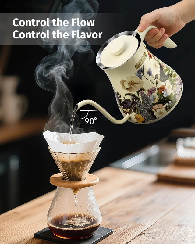 Alt view image 2 of 7 - 0.8L Gooseneck Electric Kettle, Precise Temperature Control for Pour Over Coffee & Tea, 1200W Fast Boiling Water, Auto Shut Off, Scheduling, Stainless Steel, Floral Painted Design