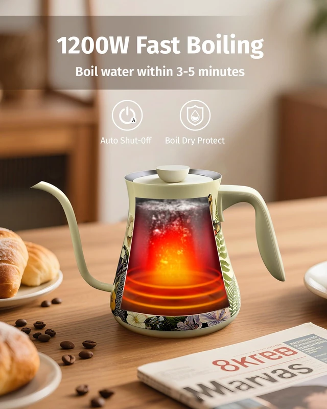 Alt view image 6 of 7 - 0.8L Gooseneck Electric Kettle, Precise Temperature Control for Pour Over Coffee & Tea, 1200W Fast Boiling Water, Auto Shut Off, Scheduling, Stainless Steel, Floral Painted Design
