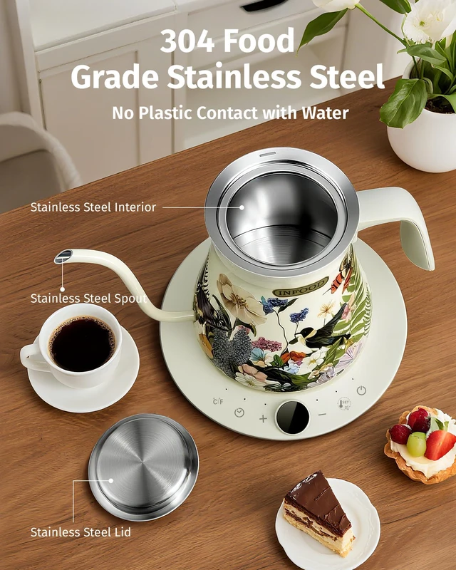 Alt view image 7 of 7 - 0.8L Gooseneck Electric Kettle, Precise Temperature Control for Pour Over Coffee & Tea, 1200W Fast Boiling Water, Auto Shut Off, Scheduling, Stainless Steel, Floral Painted Design