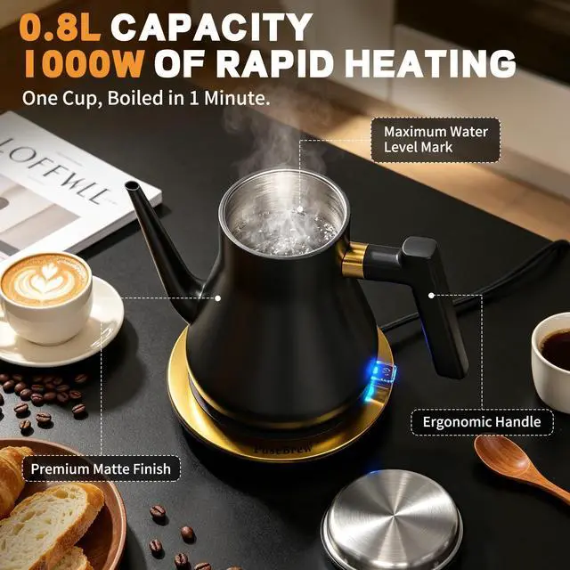 Alt view image 4 of 7 - Gooseneck Electric Kettle 1000W | Pour Over Coffee Kettle with Steady Flow Spout & Balanced Handle, 0.8L Matte Black Tea Kettle for Home Barista Espresso Station Countertop- Black