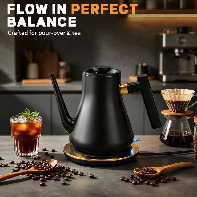Alt view image 6 of 7 - Gooseneck Electric Kettle 1000W | Pour Over Coffee Kettle with Steady Flow Spout & Balanced Handle, 0.8L Matte Black Tea Kettle for Home Barista Espresso Station Countertop- Black