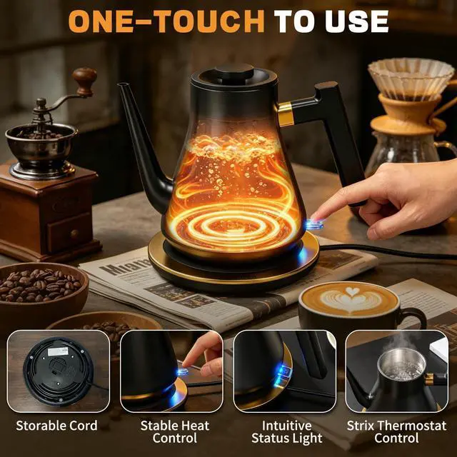 Alt view image 5 of 7 - Gooseneck Electric Kettle 1000W | Pour Over Coffee Kettle with Steady Flow Spout & Balanced Handle, 0.8L Matte Black Tea Kettle for Home Barista Espresso Station Countertop- Black