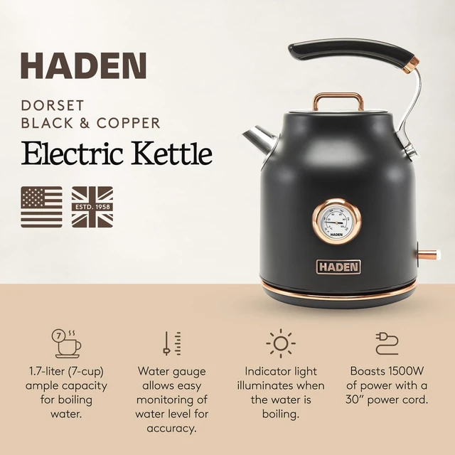 Alt view image 2 of 7 - Dorset 1.7 Liter Stainless Steel Electric Kettle, Hot Water Kettle with 360-Degree Base and Auto Shutoff, Black & Copper