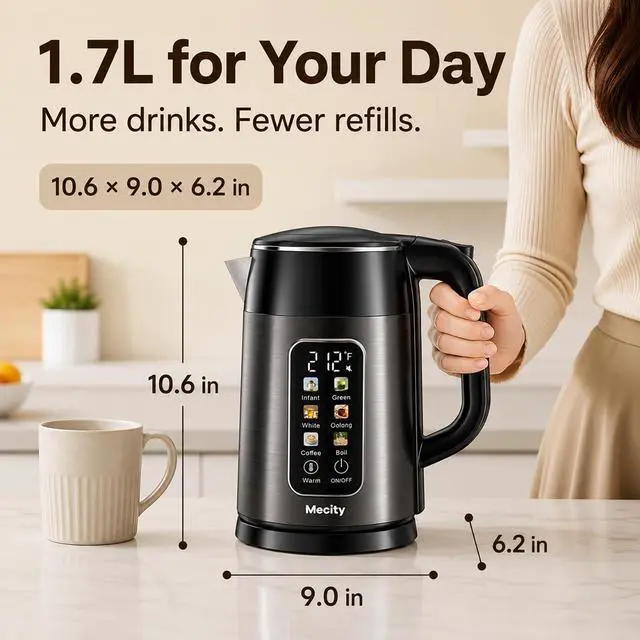 Alt view image 2 of 7 - Electric Kettle 1.7L Touch Screen Temperature Control Water Boiler, No Plastic Contact with Water. 6 Preset Temperature Programs, 2 Hours Keep Warm, Auto Shut Off, Dark Grey