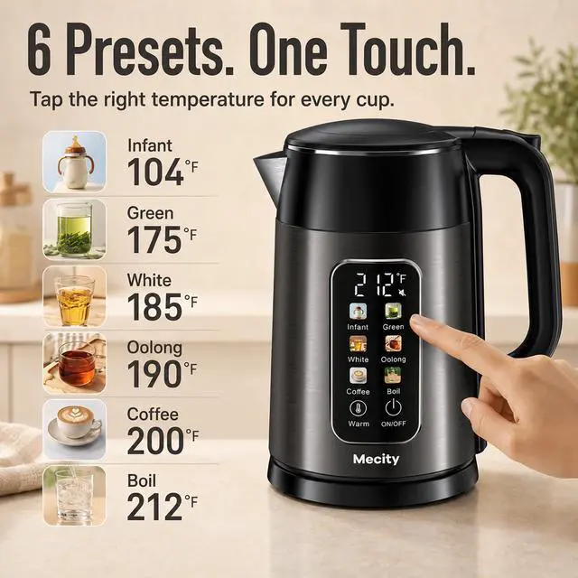 Alt view image 3 of 7 - Electric Kettle 1.7L Touch Screen Temperature Control Water Boiler, No Plastic Contact with Water. 6 Preset Temperature Programs, 2 Hours Keep Warm, Auto Shut Off, Dark Grey