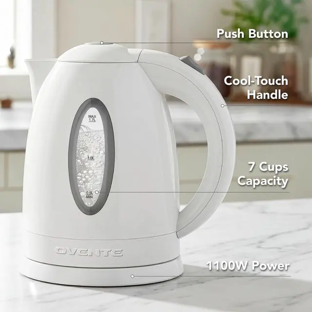 Alt view image 2 of 7 - 1.7L Electric Tea Kettle, 1100W BPA-Free Water Boiler, White KP72W | Fast Boiling, Auto Shut-Off, Boil-Dry Protection, 360° Swivel Base, Cordless Serving, Clear-View Window and Removable Filter
