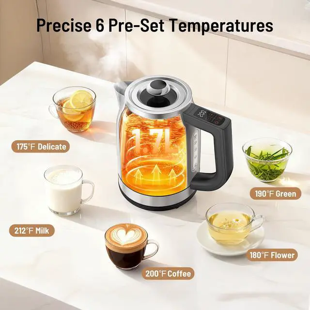 Alt view image 7 of 7 - Electric Kettle with Temperature Control, 1.7L 1500W Stainless Steel Tea Kettle, 13 Preset Temperatures, LED Display, Keep Warm 2 Hours, Strix Thermostat, BPA Free Hot Water Boiler for Tea & Coffee