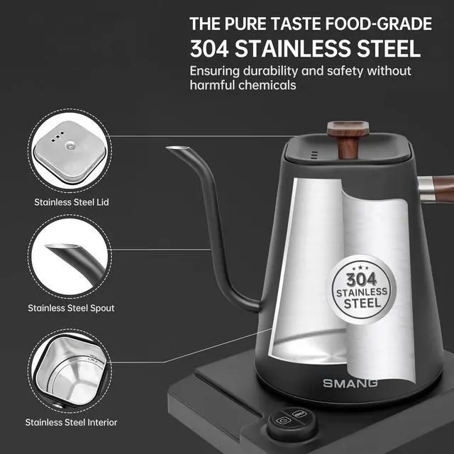 Alt view image 4 of 7 - Electric Kettles, Gooseneck Electric Kettle, ±1 Temperature Control, for Pour Over Coffee and Tea, 304 Stainless Steel Inner, BPA-Free, Quick Heating Electric Kettles for Boiling Water, 1L Black