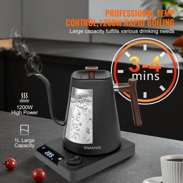 Alt view image 2 of 7 - Electric Kettles, Gooseneck Electric Kettle, ±1 Temperature Control, for Pour Over Coffee and Tea, 304 Stainless Steel Inner, BPA-Free, Quick Heating Electric Kettles for Boiling Water, 1L Black