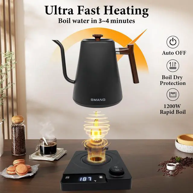 Alt view image 6 of 7 - Electric Kettles, Gooseneck Electric Kettle, ±1 Temperature Control, for Pour Over Coffee and Tea, 304 Stainless Steel Inner, BPA-Free, Quick Heating Electric Kettles for Boiling Water, 1L Black
