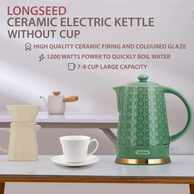 Alt view image 2 of 7 - Ceramic Electric Kettle, 1.5L/1200W Boil Water Quickly and Easily with Boil-Dry Protection Auto Shut Off, Detachable Swivel Base, Green Relief Carving