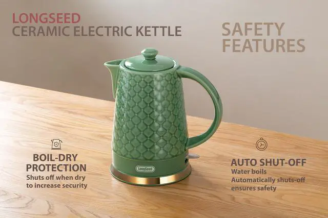 Alt view image 3 of 7 - Ceramic Electric Kettle, 1.5L/1200W Boil Water Quickly and Easily with Boil-Dry Protection Auto Shut Off, Detachable Swivel Base, Green Relief Carving