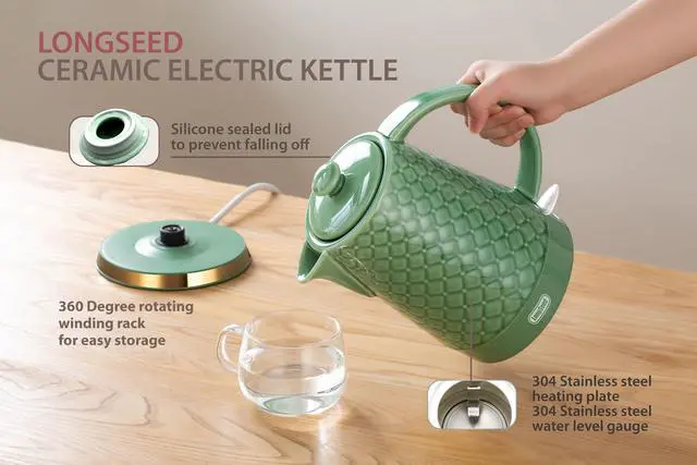 Alt view image 4 of 7 - Ceramic Electric Kettle, 1.5L/1200W Boil Water Quickly and Easily with Boil-Dry Protection Auto Shut Off, Detachable Swivel Base, Green Relief Carving