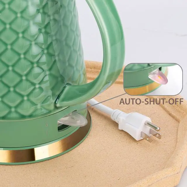 Alt view image 5 of 7 - Ceramic Electric Kettle, 1.5L/1200W Boil Water Quickly and Easily with Boil-Dry Protection Auto Shut Off, Detachable Swivel Base, Green Relief Carving