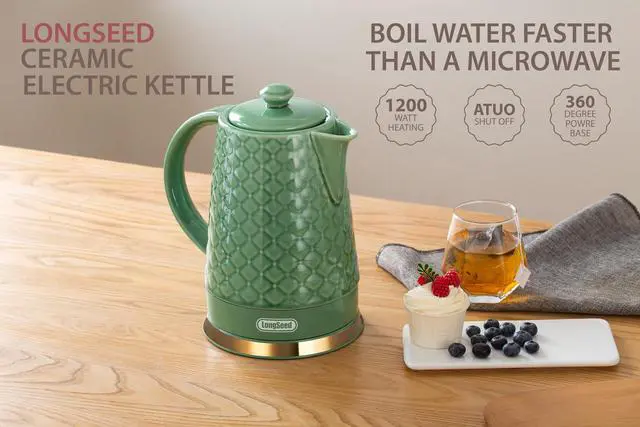 Alt view image 6 of 7 - Ceramic Electric Kettle, 1.5L/1200W Boil Water Quickly and Easily with Boil-Dry Protection Auto Shut Off, Detachable Swivel Base, Green Relief Carving