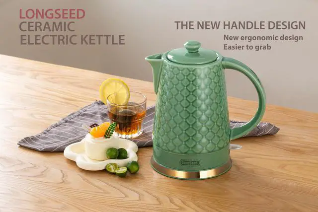 Alt view image 7 of 7 - Ceramic Electric Kettle, 1.5L/1200W Boil Water Quickly and Easily with Boil-Dry Protection Auto Shut Off, Detachable Swivel Base, Green Relief Carving