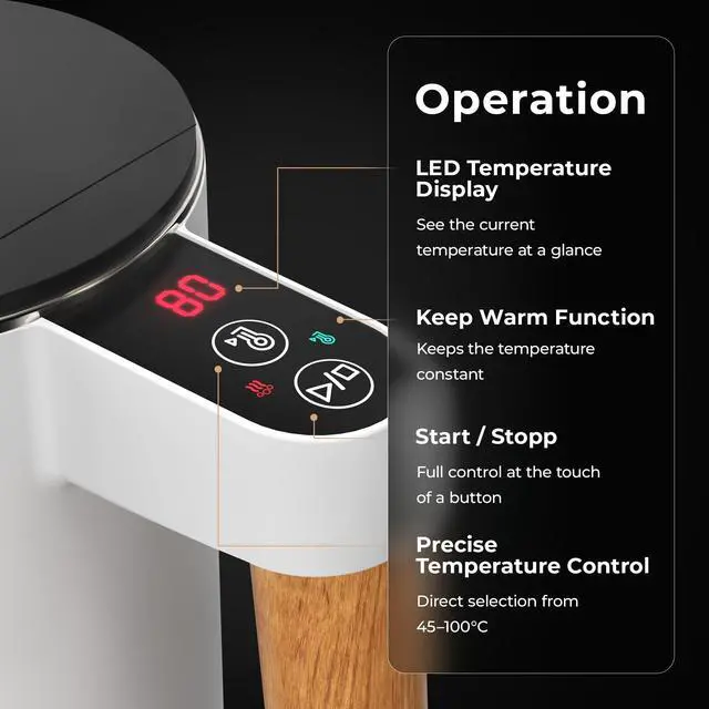 Alt view image 4 of 7 - Electric Kettle with Temperature control, 113 °F 212 °F, Tea pot, Stainless steel, double wall water kettle, BPA-free, quiet tea kettle, 1.5 L, 2200 W, White