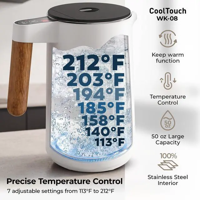 Alt view image 6 of 7 - Electric Kettle with Temperature control, 113 °F 212 °F, Tea pot, Stainless steel, double wall water kettle, BPA-free, quiet tea kettle, 1.5 L, 2200 W, White