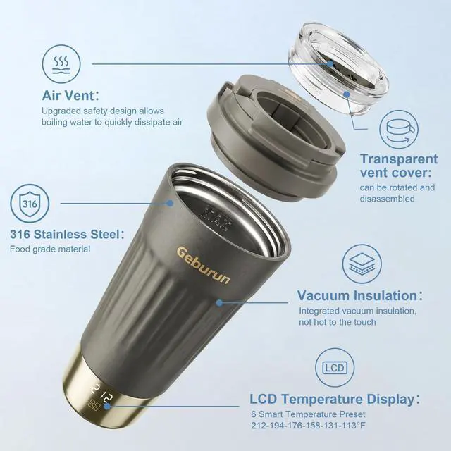 Alt view image 2 of 7 - Travel Electric Kettle Portable Water Boiler, 400ml Small Tea Maker with 6 Temp Settings LCD Display, 316 Stainless Steel Vacuum Insulated Tumbler, 100V-240V, Travel Gifts for Men Women(Titanium Gray)