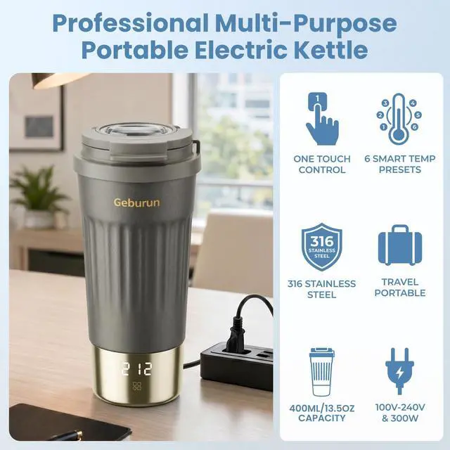 Alt view image 4 of 7 - Travel Electric Kettle Portable Water Boiler, 400ml Small Tea Maker with 6 Temp Settings LCD Display, 316 Stainless Steel Vacuum Insulated Tumbler, 100V-240V, Travel Gifts for Men Women(Titanium Gray)