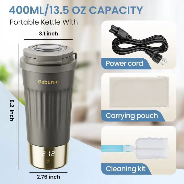 Alt view image 7 of 7 - Travel Electric Kettle Portable Water Boiler, 400ml Small Tea Maker with 6 Temp Settings LCD Display, 316 Stainless Steel Vacuum Insulated Tumbler, 100V-240V, Travel Gifts for Men Women(Titanium Gray)