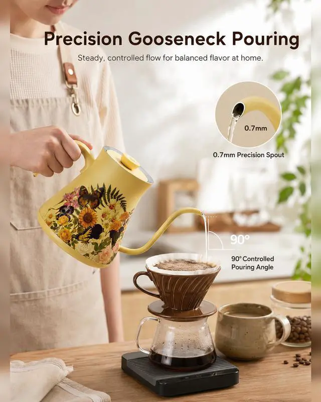 Alt view image 3 of 7 - 0.8L/27oz Gooseneck Electric Kettle, ±1°F Temp Control, Floral