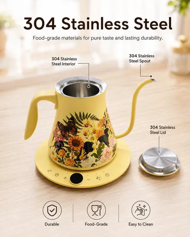 Alt view image 6 of 7 - 0.8L/27oz Gooseneck Electric Kettle, ±1°F Temp Control, Floral