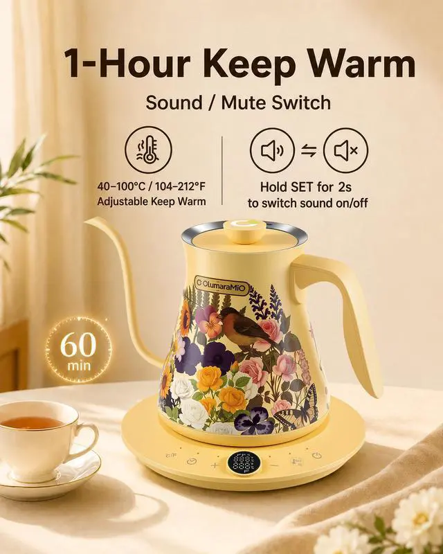 Alt view image 5 of 7 - 0.8L/27oz Gooseneck Electric Kettle, ±1°F Temp Control, Floral