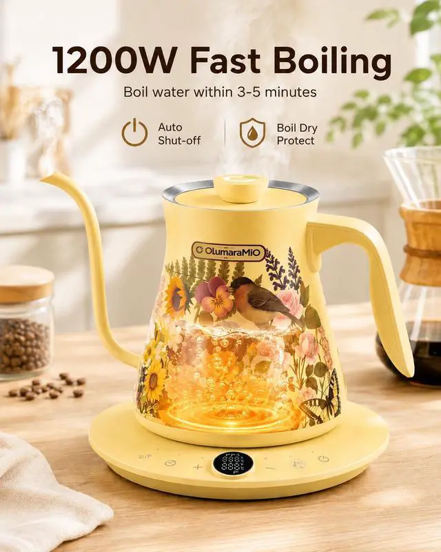 Alt view image 7 of 7 - 0.8L/27oz Gooseneck Electric Kettle, ±1°F Temp Control, Floral