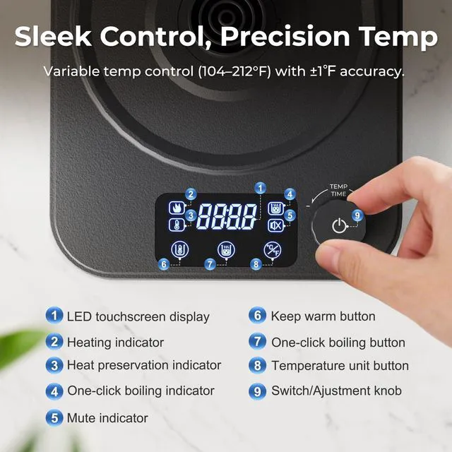 Alt view image 2 of 7 - Gooseneck Electric Kettle, ±1°F Temperature Control Electric Kettle, 1.0L 1200W Fast Heating, 24H Keep Warm, 30Min Auto Memory, Food Grade Stainless Steel, Pour Over Kettle for Coffee and Tea
