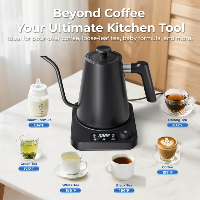 Alt view image 4 of 7 - Gooseneck Electric Kettle, ±1°F Temperature Control Electric Kettle, 1.0L 1200W Fast Heating, 24H Keep Warm, 30Min Auto Memory, Food Grade Stainless Steel, Pour Over Kettle for Coffee and Tea