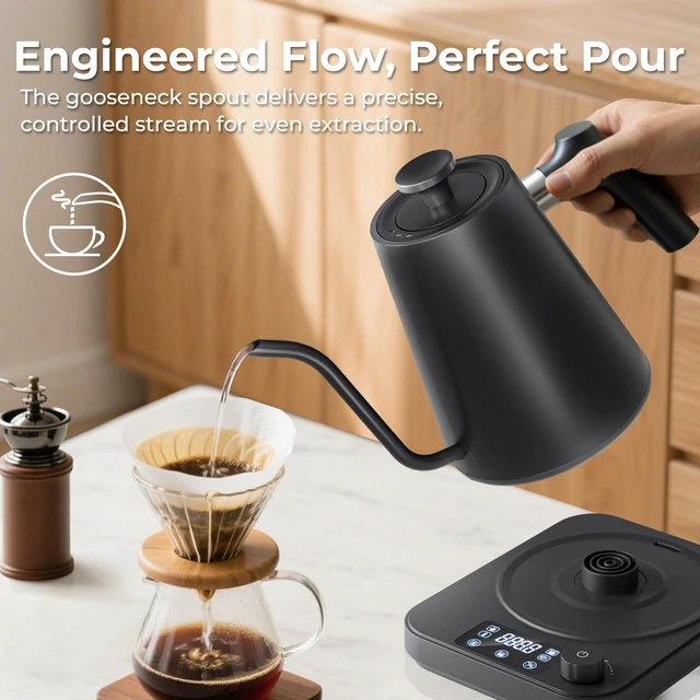 Alt view image 6 of 7 - Gooseneck Electric Kettle, ±1°F Temperature Control Electric Kettle, 1.0L 1200W Fast Heating, 24H Keep Warm, 30Min Auto Memory, Food Grade Stainless Steel, Pour Over Kettle for Coffee and Tea
