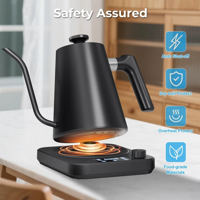 Alt view image 7 of 7 - Gooseneck Electric Kettle, ±1°F Temperature Control Electric Kettle, 1.0L 1200W Fast Heating, 24H Keep Warm, 30Min Auto Memory, Food Grade Stainless Steel, Pour Over Kettle for Coffee and Tea