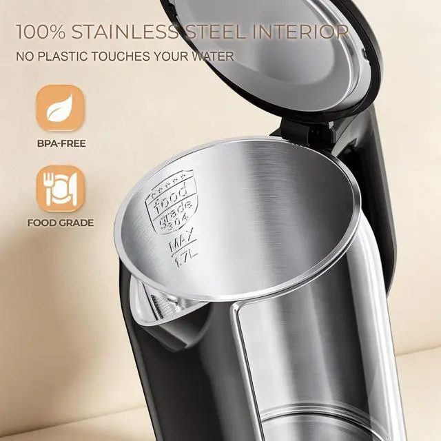 Alt view image 2 of 7 - Electric Kettle, 1.7L 1500W, 5 Temp Presets, Dual Mode 8H Keep Warm, Double Wall Cool Touch, 100% Food Grade Stainless Steel Interior, Mute & Smart Memory for Tea, Coffee & Baby Formula