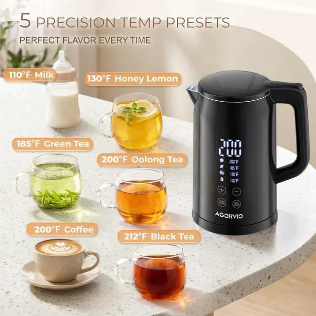 Alt view image 4 of 7 - Electric Kettle, 1.7L 1500W, 5 Temp Presets, Dual Mode 8H Keep Warm, Double Wall Cool Touch, 100% Food Grade Stainless Steel Interior, Mute & Smart Memory for Tea, Coffee & Baby Formula