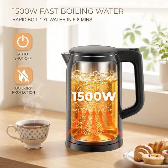 Alt view image 5 of 7 - Electric Kettle, 1.7L 1500W, 5 Temp Presets, Dual Mode 8H Keep Warm, Double Wall Cool Touch, 100% Food Grade Stainless Steel Interior, Mute & Smart Memory for Tea, Coffee & Baby Formula