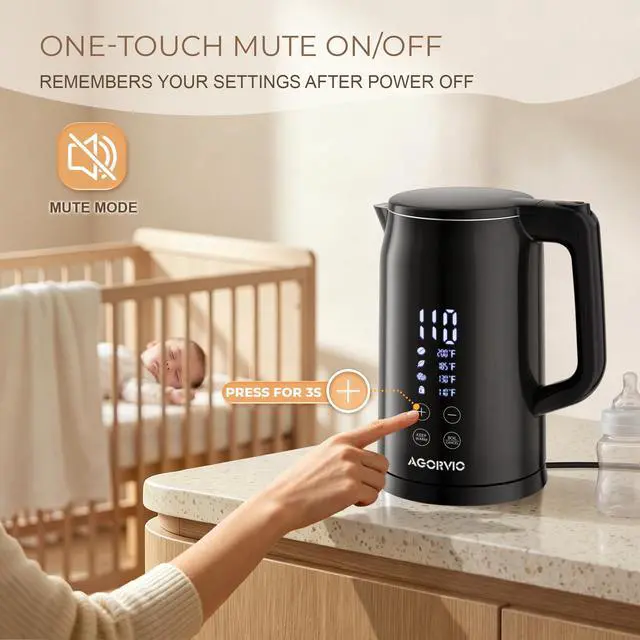 Alt view image 7 of 7 - Electric Kettle, 1.7L 1500W, 5 Temp Presets, Dual Mode 8H Keep Warm, Double Wall Cool Touch, 100% Food Grade Stainless Steel Interior, Mute & Smart Memory for Tea, Coffee & Baby Formula