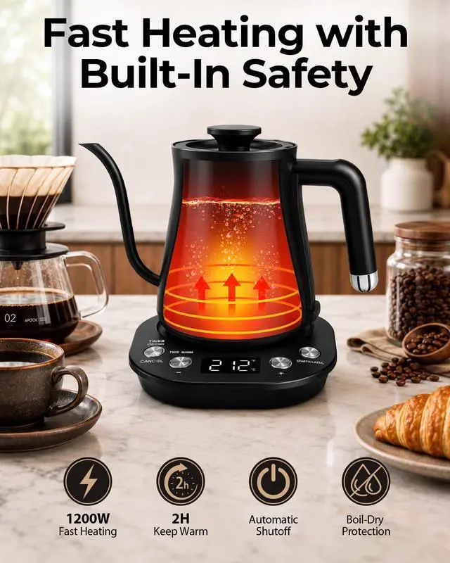 Alt view image 3 of 7 - Gooseneck Electric Kettle with ±1 Temperature Control, 304 Stainless Steel Interior, BPA Free, 1200 Watt Rapid, Brew Timer, Automatic Shut Off for Pour Over Coffee, Brew TeaMatte Black
