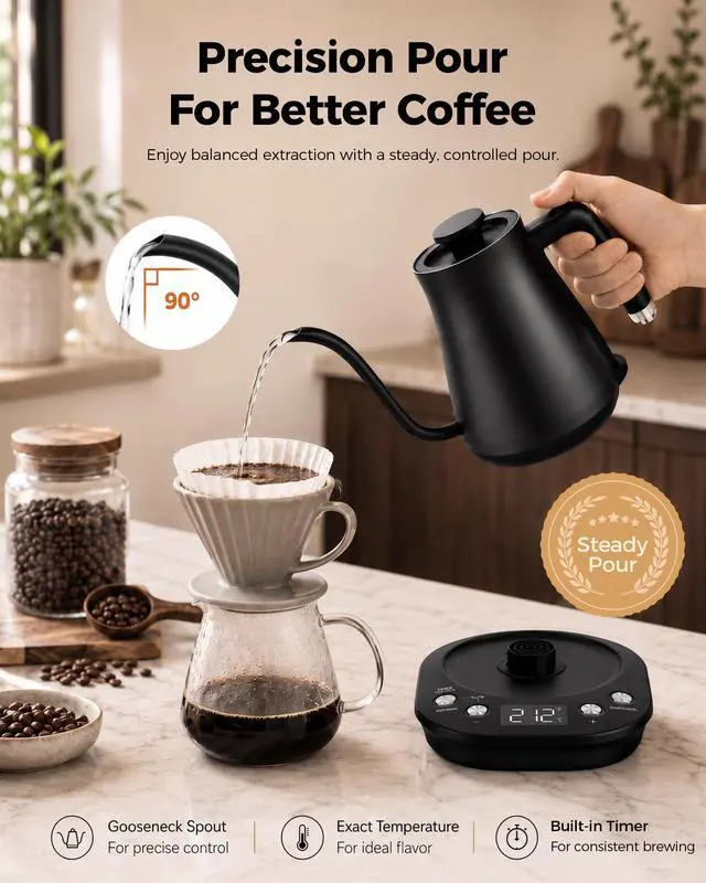 Alt view image 2 of 7 - Gooseneck Electric Kettle with ±1 Temperature Control, 304 Stainless Steel Interior, BPA Free, 1200 Watt Rapid, Brew Timer, Automatic Shut Off for Pour Over Coffee, Brew TeaMatte Black